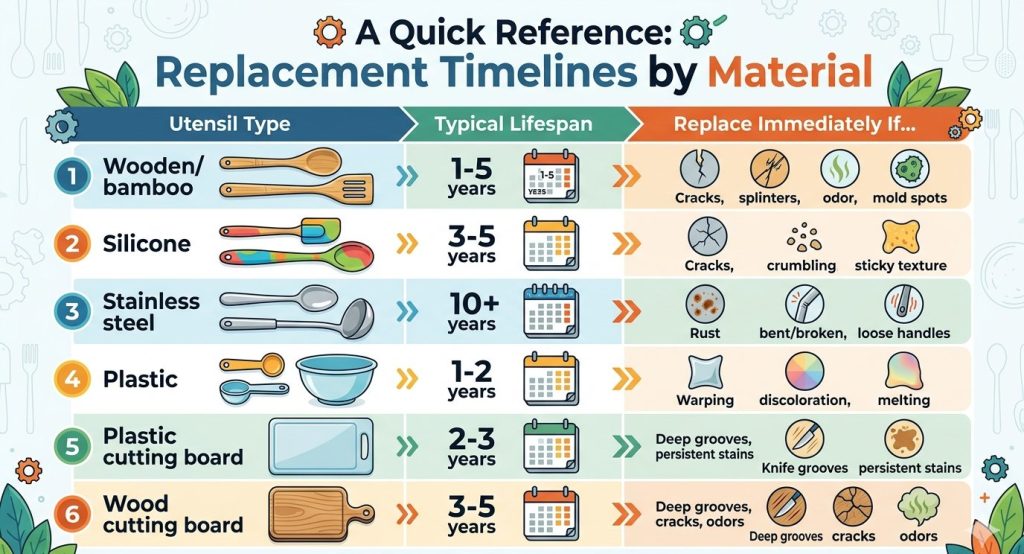 cooking utensils replacement timelines by material